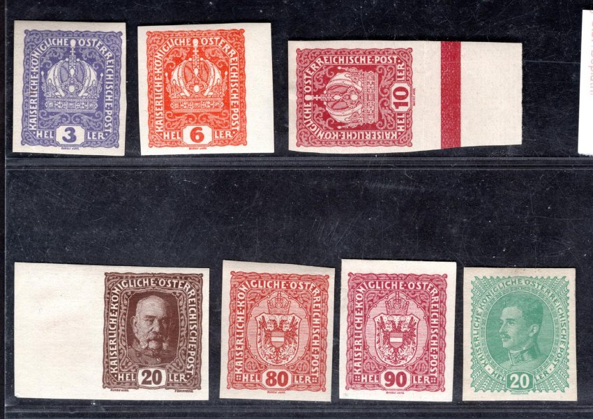 Výplatní známky známky, malý formát 1916 a 1917, xx/x. 185,187,188,191,197,198 a 222b světle zelená, nezoubkované. Kat. cena Pofis jen 20 h světle zelená xx 6000 Kč