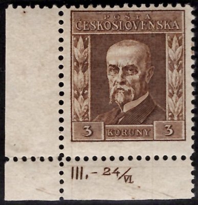 196 Typ II P8, 3 koruna hnědá, rohový kus s Dč III.-24/VI., zkoušeno Gilbert 