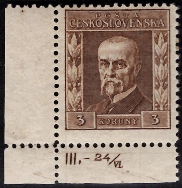 196 Typ II P8, 3 koruna hnědá, rohový kus s Dč III.-24/VI., zkoušeno Gilbert 