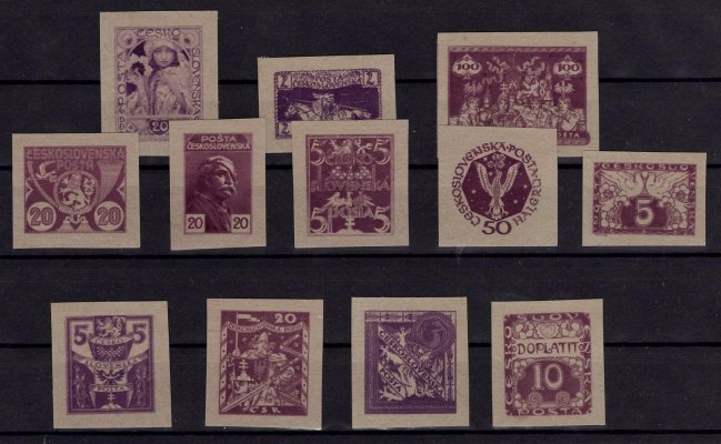 I. soutěž Hradčany ve fialové barvě na nahnědlém papíru bez lepu, roztříhaný soutisk na jednotlivé známky( chybí hradčanská známka) 