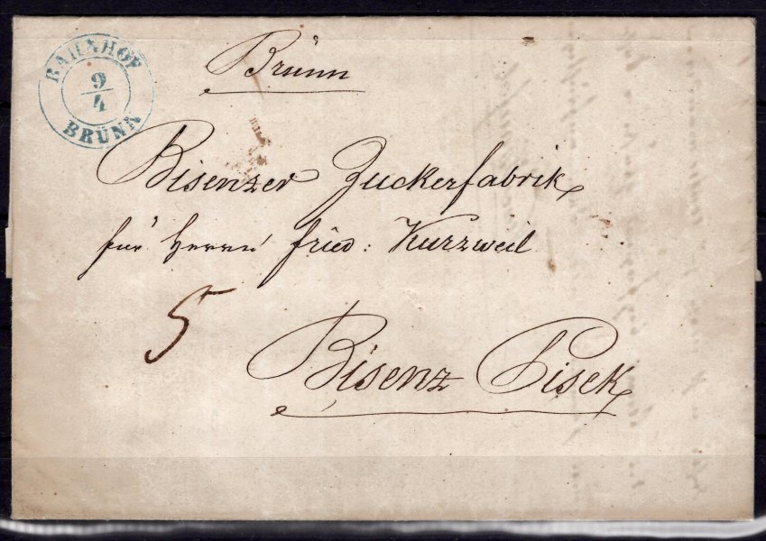 Předznámkový skládaný dopis z r. 1849 z Brna do cukrovaru v Bzenci, modré dvoukruhové raz. BAHNHOF / BRÜNN, 9 / 4, Vot. 60 bodů