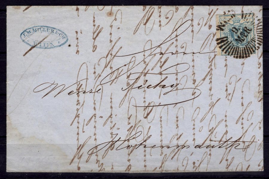 r. 1852, skládaný dopis z Vídně do Vysokého Mýta se známkou 9 kr modrá, ruční papír, typ IIa, deska 2, paprskové raz. WIEN, 9. MAER, Müller 80 bodů, nahoře a dole těsné střihy, rel. P, katalog Ferchenbauer € 175.- + razítko