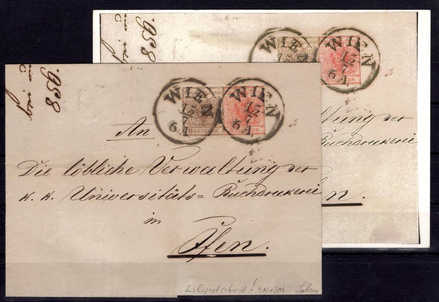 r. 1858, skládaný dopis z Vídně do Ofenu se dvoubarevnou frankaturou 3 kr růžově červená, strojní papír, typ IIIb + 6 kr šedohnědá, strojní papír, typ III, raz. WIEN, 15 / 7, obě známky s velmi těsným tzv. trpasličím střihem, na dopisech hledaná kuriozita, atest Labres, ANK € 150.- + Liliputschnitt