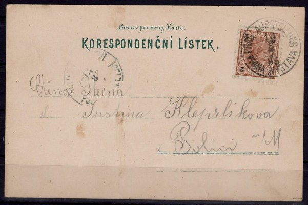 r. 1895, příležitostná pohlednice národopisné výstavy českoslovanské v Praze, se známkou 2 kr VIII. emise, příležitostné raz. PRAG AUSSTELLUNG / PRAHA VÝSTAVA, 13 / 8 / 95, Vot. 3907, 60 bodů