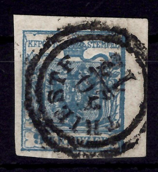 5; 9 kr, ruční papír, typ IIc, modrá, vpravo Randdruck + okraj 4 mm, desková vada (přerušený horní rám štítku před číslicí 9), raz. TRIESTE
