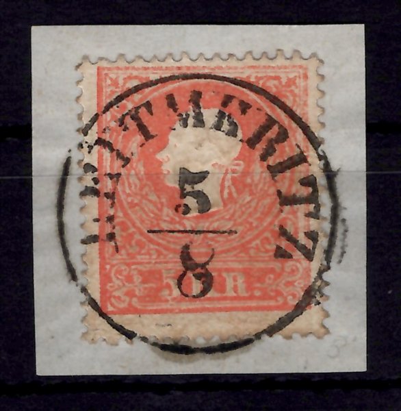 13; 5 kr II. emise, červená, typ II, barevné skvrny na hlavě císaře, na výstřižku s celým raz. LEITMERITZ, Vot. 1224/10, 18 bodů (Litoměřice)