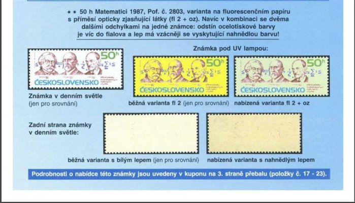 2803 Matematici 50 h, kompletní 50kusový arch (pole A, 27. III. 87), papír fl2 s velmi výrazným výmětem oz (jen velmi malá část tohoto dne), přiložena kopie nabídkového listu z Filatelie 9/2001, podle tehdejší nabídky cena jednotlivých známek 6900 Kč (bloky, rohy a datum byly tehdy nabízeny za násobně vyšší ceny), možná dokonce jediný dochovaný arch