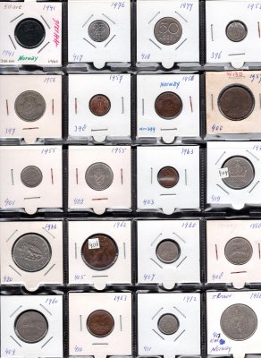 Lot 32 mincí NORSKO 1922-1977 , ore a koruny, oběžné mince, průřez daného období, rozprodej sbírky
