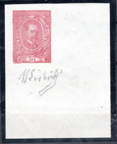 50 h červený Masaryk, malý formát, rohový kus s podpisem Rytce, M. Švabinský 