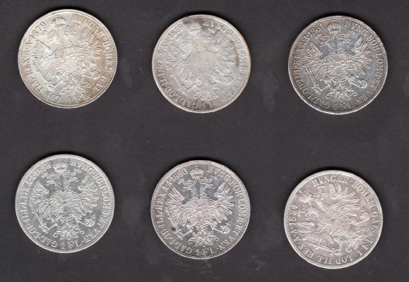 Lot 6 mincí Rakousko 1 zlatník 1858-61 A, 1879,1884, KM#2219 a KM#2222 Ag.900, 12,34g 29/2mm Franz Joseph I.  A Wien vlasové rysky hranky