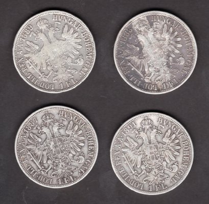 Lot 4 mincí Rakousko 1 zlatník 1887,8,9,91, KM#2222 Ag.900, 12,34g 29/2mm Franz Joseph I.  Bz  vlasové rysky hranky