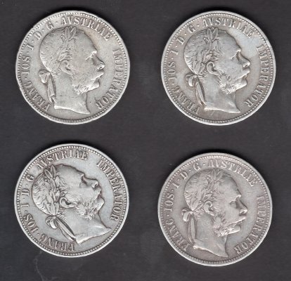 Lot 4 mincí Rakousko 1 zlatník 1887,8,9,91, KM#2222 Ag.900, 12,34g 29/2mm Franz Joseph I.  Bz  vlasové rysky hranky