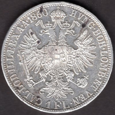 Rakousko 1 zlatník 1860 A, KM#2219 Ag.900, 12,34g 29/2mm Franz Joseph I.  A Wien  vlasové rysky hranky