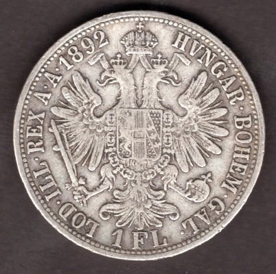 Rakousko 1 zlatník 1892, KM#2222 Ag.900, 12,34g 29/2mm Franz Joseph I.  Bz vlas.rys. Patina