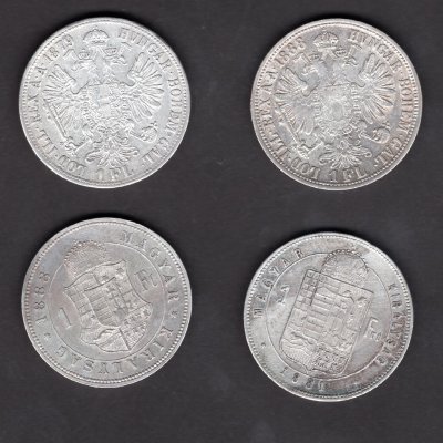 Lot 4 mincí Rakousko, Uhersko 1 zlatník 1879,88bz 1881,83KB, KM#2222 a KM#465,KM#469 Ag.900, 12,34g 29/2,mm Franz Joseph I. Bz a Kremnica 