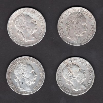 Lot 4 mincí Rakousko, Uhersko 1 zlatník 1879,88bz 1881,83KB, KM#2222 a KM#465,KM#469 Ag.900, 12,34g 29/2,mm Franz Joseph I. Bz a Kremnica 