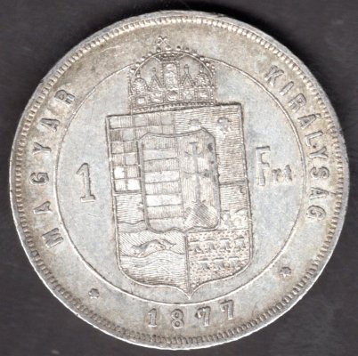 Hungary 1 Forint 1877 K.B., KM#453, ÉH#1464 Ag.900, 12,34g 29/2,mm Franz Joseph I. Kremnica vlas.rys.,hranky