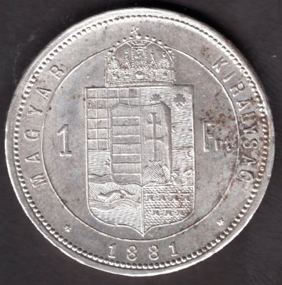 Hungary 1 Forint 1881 K.B., KM#465, ÉH#1464 Ag.900, 12,34g 29/2,mm Franz Joseph I. Kremnica 