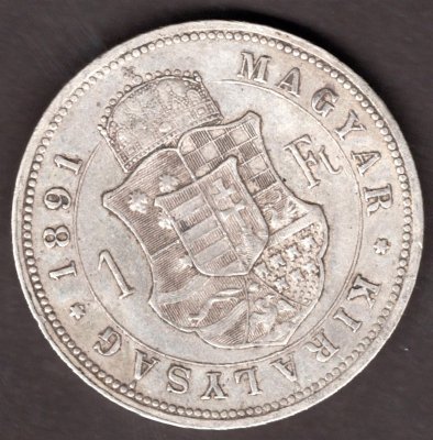 Hungary 1 Forint 1891 K.B. , KM#469, ÉH#1466 Ag.900, 12,34g 29/2,mm Franz Joseph I. Kremnica ryska, patina