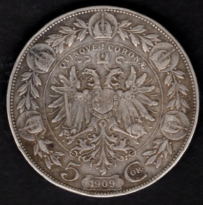 Rakousko 5 Koruna 1909 malá hlava R.Marschall, KM#2814 Ag.900,24g 36/2,6mm František Josef I.patina dr.rysky 