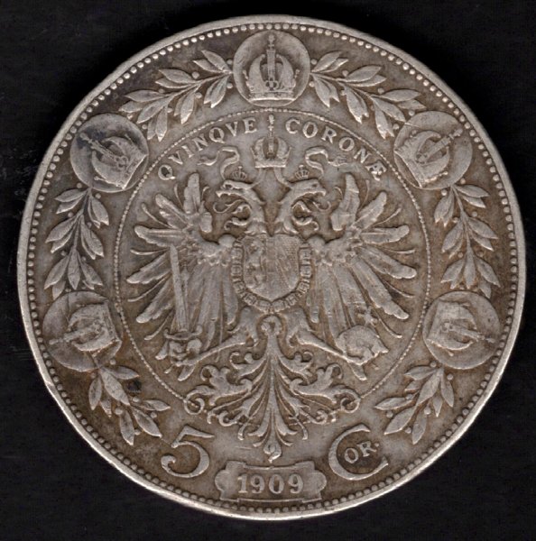 Rakousko 5 Koruna 1909 malá hlava R.Marschall, KM#2814 Ag.900,24g 36/2,6mm František Josef I.patina dr.rysky 