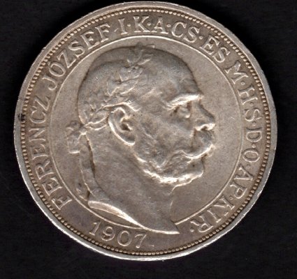 Uhersko 5 koruna 1907 K.B. výroční, KM#489, ÉH#1493 Ag.900,24g 36/2,6mm 40.let od korunovace na uherského krále František Josef I. hranka