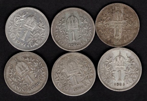 Lot 6 mincí Rakousko 1 Koruna 1893,5,6,9,00,01	KM#2804 Ag.835, 5g, 23/1,5mm František Josef I. Oběh