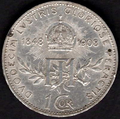 Rakousko 1 Koruna 1908 výroční, KM#2808 Ag.835, 5g, 23/1,5mm vydaná k 60.letům vlády Františka Josefa I.  malá patina