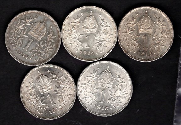 Lot 5 mincí Rakousko 1 Koruna 1912-1916 typ Schwartz, KM#2820 Ag.835, 5g, 23/1,5mm František Josef I. , kompletní sada mincí tohoto typu