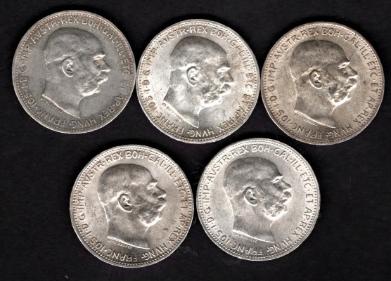 Lot 5 mincí Rakousko 1 Koruna 1912-1916 typ Schwartz, KM#2820 Ag.835, 5g, 23/1,5mm František Josef I. , kompletní sada mincí tohoto typu