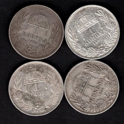 Lot 4 mincí Uhersko 1 Koruna 1893, 2x1894, 1896 K.B., KM#484, ÉH#1495 Ag.835, 5g, 23/1,5mm František Josef I. dr.hr.,rysky Kremnica