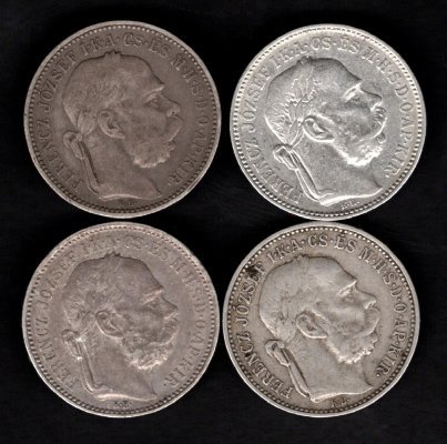 Lot 4 mincí Uhersko 1 Koruna 1893, 2x1894, 1896 K.B., KM#484, ÉH#1495 Ag.835, 5g, 23/1,5mm František Josef I. dr.hr.,rysky Kremnica