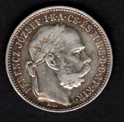 Uhersko 1 Koruna 1896 K.B. Patina, KM#484, ÉH#1495 Ag.835, 5g, 23/1,5mm František Josef I. dr.hr.,rysky Kremnica