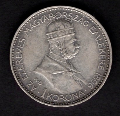 Uhersko 1 korona 1896 K.B. Milénium příchodu Maďarů za Dunaj, KM#487, ÉH#149 Ag.835, 5g, 23/1,5mm František Josef I. Kremnica Patina