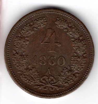 4 krejcar 1860 A Vídeň František Josef I., KM#2194, Adamo#M7 Copper 13,2g, 27/2,9mm hranka