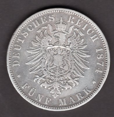 5 Marka 1874 A Wilhelm I. Prusko, J#97 Ag.900, 27,77g, 38mm hranka mincovna Berlín