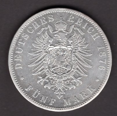 5 Marka 1876 A Wilhelm I. Prusko, J#97 Ag.900, 27,77g, 38mm  mincovna Berlín