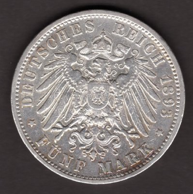 5 Marka 1893 G Fridrich von Baden, J#29 Ag.900, 27,77g, 38mm  mincovna Karlsruhe