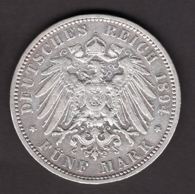 5 Marka 1894 A Wilhelm II. Prusko, J#104 Ag.900, 27,77g, 38mm  mincovna Berlín