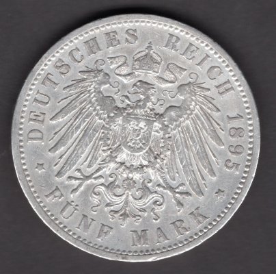 5 Marka 1895 F Wilhelm II. Von Wuerttemberg, J#176 Ag.900, 27,77g, 38mm  mincovna Stuttgart