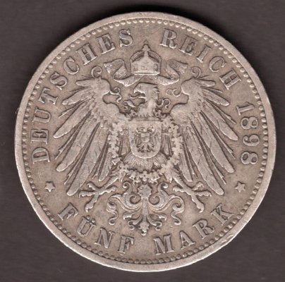 5 Marka 1898 F Wilhelm II. Von Wuerttemberg, J#176 Ag.900, 27,77g, 38mm  mincovna Stuttgart