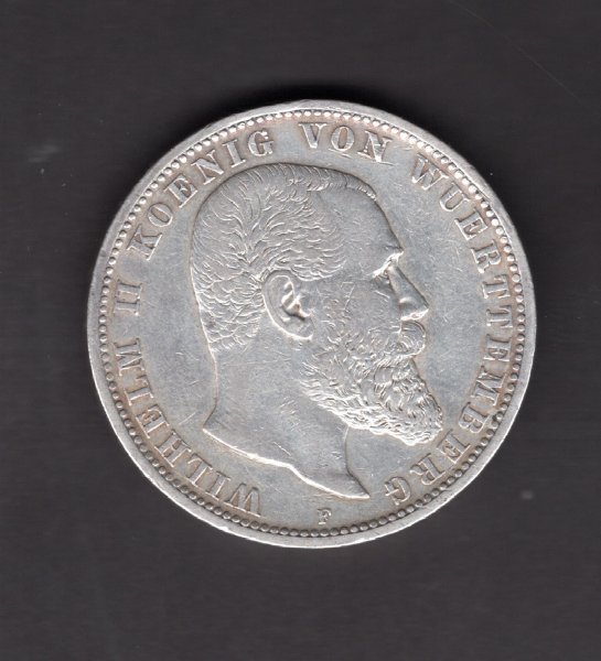 5 Marka 1903 F Wilhelm II. Von Wuerttemberg, J#176 Ag.900, 27,77g, 38mm  mincovna Stuttgart