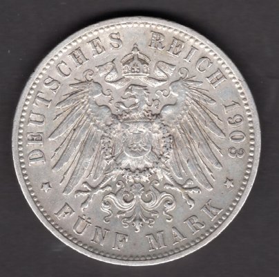 5 Marka 1903 F Wilhelm II. Von Wuerttemberg, J#176 Ag.900, 27,77g, 38mm  mincovna Stuttgart