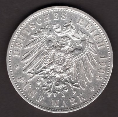 5 Marka 1903 E Georg von Sachsen, Sasko R!, J#130 Ag.900, 27,77g, 38mm  mincovna Muldenhütten