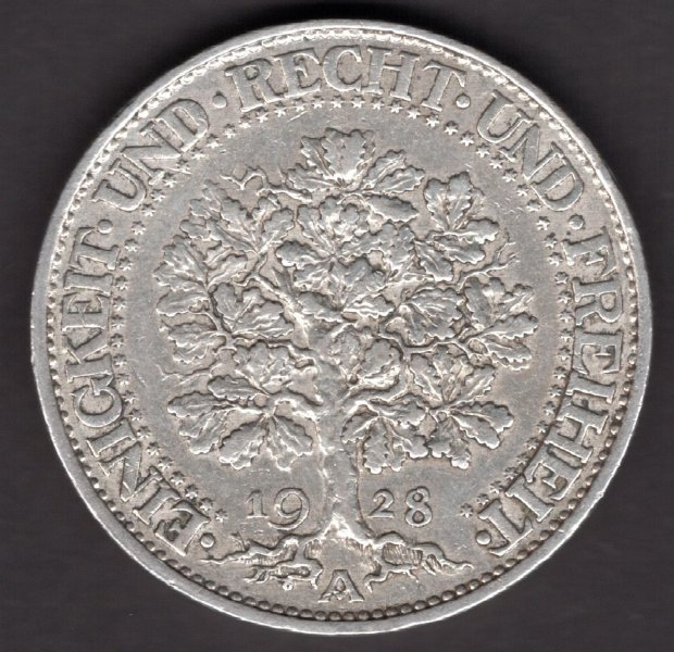 5 Marka 1928 A Oak Výmarská rep., J#331 Ag.900, 25g, 36mm  mincovna Berlín