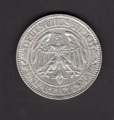 5 Marka 1928 A Oak Výmarská rep., J#331 Ag.900, 25g, 36mm  mincovna Berlín
