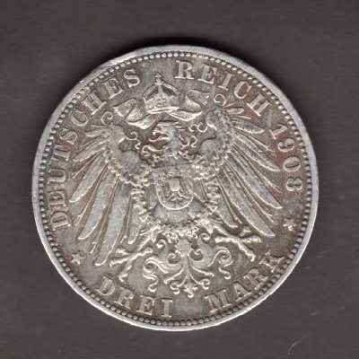 3 Marka 1908 G Fridrich II. von Baden, J#39 Ag.900, 16,667g, 33mm  mincovna Karlsruhe