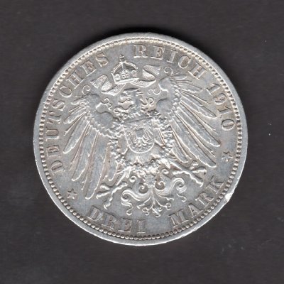 3 Marka 1910 A Ernst Ludwig von Hessen, J#76 Ag.900, 16,667g, 33mm  mincovna Berlín hranka