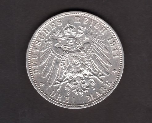 3 Marka 1911 J Svobodné hansovní město Hamburg, J#65 Ag.900, 16,667g, 33mm  mincovna Hamburg