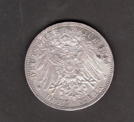 3 Marka 1914 G Fridrich II. von Baden, J#39 Ag.900, 16,667g, 33mm  mincovna Karlsruhe patina